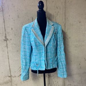 Designer turquoise tweed jacket with sequin and rhinestone detailing.